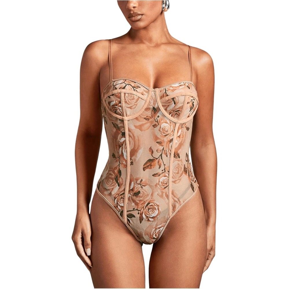 Shein Bae Womens S Khaki Floral Mesh Cami Bodysuit Spaghetti Strap Corset NWT